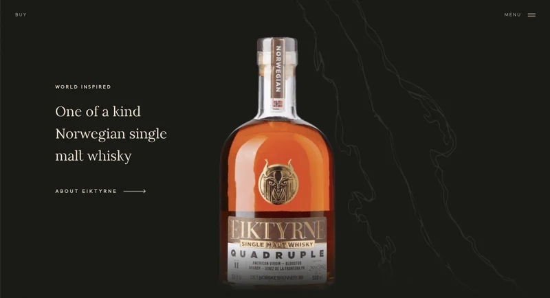 极简主义电子商务网站 Eiktyrne Whiskey 在深色背景下展示威士忌